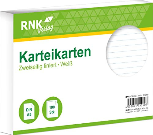 RNKVERLAG 115050 - Karteikarten liniert 7 mm, weiß, DIN A5, 1 Packung à 100 Karten