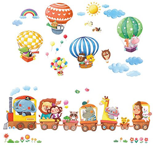 Decowall DA-1406 Zug und Heißluftballons Autos Flugzeuge Tiere Wandtattoo Wandsticker Wandaufkleber Wanddeko für Wohnzimmer Schlafzimmer Kinderzimmer
