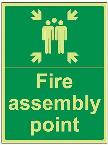 VSafety 17015BH-G Fire Assembly Point Sign, Fire Assembly Point with Family, Plastic, Portrait, 400 mm x 600 mm, Green