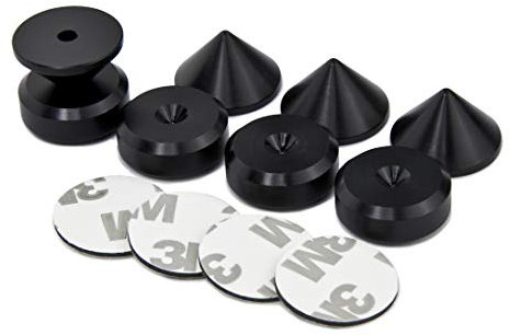 PrecisionGeek - Speakers Spikes and Pads Set, Black Anodised Aluminium, Conical spikes 20mm diameter, Pads chamfered Shape 20mm diameter, self adhisived included for HiFi Systems, Cabinets, Soundbars