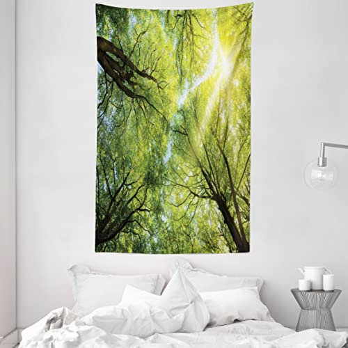 ABAKUHAUS Wald Wandteppich und Tagesdecke, Romantische Buche Bäume, aus Weiches Mikrofaser Stoff Wand Dekoration Für Schlafzimmer, 140 x 230 cm, Grün Gelb