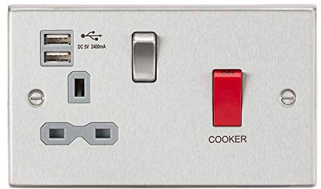 Knightsbridge CS8333UBCG DP Switch & Switched Socket with 2.4 A Dual USB Charger, Brushed Chrome with Grey Insert, 45 A/13 A