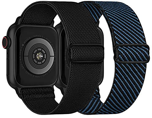 Elastisch Armband Kompatibel mit Apple Watch Armband 41mm 40mm 38mm, Dehnbar Verstellbar Solo Loop Nylon Stoff Armband für Apple Watch Series 8 SE 7 6 5 4 3 2 1, Schwarz/Blaustreifen