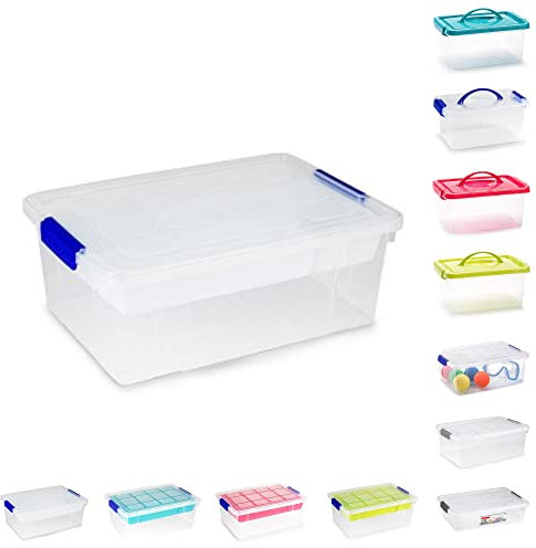 Plastic Storage Box Lightweight Robust Stackable Storage Boxes with Lid, Clear Latch Boxes, Plastic Organiser, Space Saving Solution for Home Office (9L - Storage Box with White Tray)