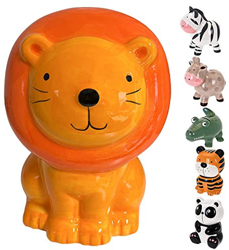 Murago - Spardose Löwe Sparschwein für Kinder Sparbüchse Jungen Mädchen Keramik Tierform Dekofigur groß Orange Gelb