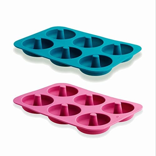LACOR, 68770, 2 Moldes de 100 por 100 Silicona para elaborar 6 Donuts Caseros, Molde Flexible y Antiadherente, Fácil de Desmoldar, Azul y Rosa, Diámetro 7 cm, Medidas 18 x 2,5 x 3,5 cm