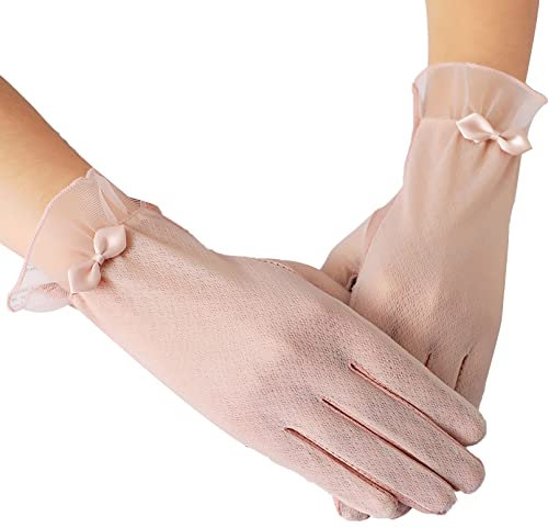 BeFur Damen Handschuhe Spitze Eisseide Kurzer Frühling Sommer Dünne Sonnenschutz Krawatte Rosa, Einheitsgröße