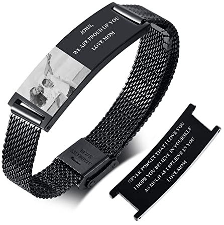 Personalisiertes Sohn Armband - Schwarzes Edelstahl Mesh Mit Individuellem Foto Text, Versteckter Nachricht - Individuelles Geschenk Von Mama Papa