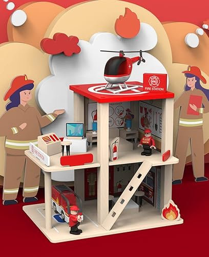 Wooden Fire Station Playset, Pretend Play Dollhouse,Multicolor 3-Level with Figures, Truck, Helicopter and Accessories