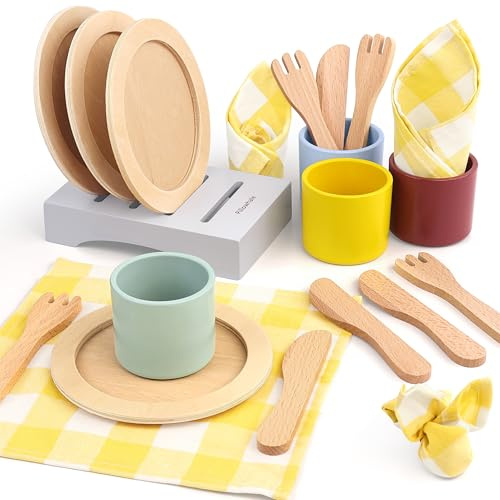 Pillowhale Wooden Table-Setting Learning Play Set for Kids Dinner Plates, Cups & Cutlery for Social Play – 21 Pcs, Ages 3+