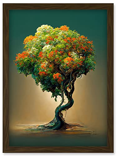 Doppelganger33 LTD Ethereal Bonsai Lone Tree Green Orange Artwork Framed Wall Art Print A4
