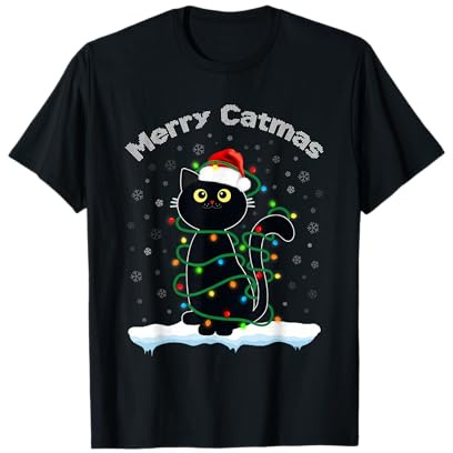 Schwarze Katze Weihnachten Licht Katze Santa Mütze Merry Catmas Pullover T-Shirt