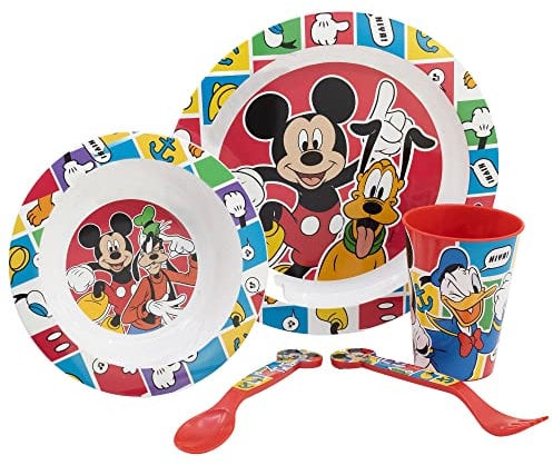 SET DE TABLE POUR ENFANTS 5 PIÈCES. ASSIETTE, BOL, VERRE 260ML ET COUVERTS. SANS BISPHÉNOL A ET COMPATIBLE AVEC LE MICRO-ONDES. | MICKEY BETTER TOGETHER