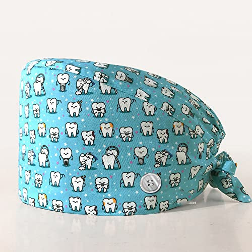 2 Stück Zähne Bedruckte Scrubs-Mütze Mit Knöpfen, Verstellbare Baumwoll-Arbeitsmütze Bouffant-Mütze Frauen Scrubs-Hüte Unisex-Stillkopfbedeckung, E, Einheitsgröße