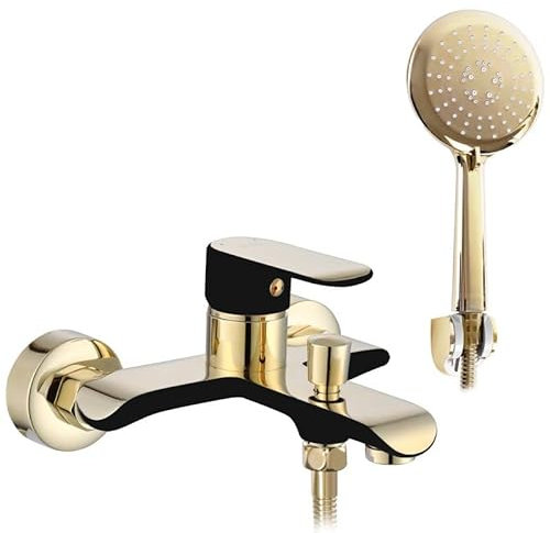 Rea Badewannenarmatur BLOOM BLACK GOLD Wasserhahn Badewanne Einhebel Wannenarmatur mit Handbrause Badarmatur aus Messing Mischbatterie Wandmontage (Gold)
