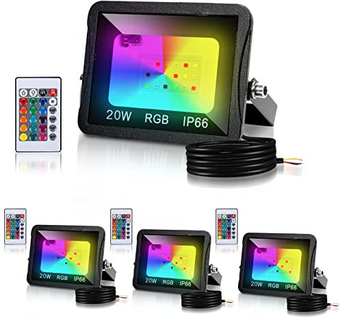 Cecaylie RGB LED Strahler Außen 4er 20W mit Fernbedienung, RGB Fluter LED Dimmbar Gartenstrahler, 16 Farben 4 Modi IP66 Wasserdicht, Memoryfunktion für Party Außen