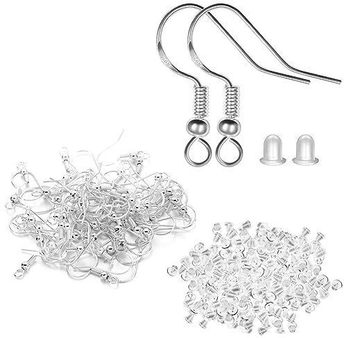 WKRTDY DIY Ohrring Set - 100 Stück 925 Silber Haken & Ohrhänger (versilbert & hypoallergen) + 100 transparente Ohrstopper Perfekt zum Herstellen von individuellem Schmuck