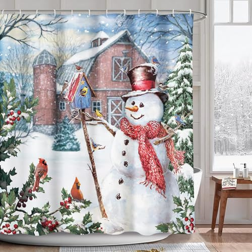 AIBIIN Ensemble de rideau de douche de Noël avec 12 crochets pour l'hiver, motif bonhomme de neige, flocon de neige, pin, arbre de salle de bain, tissu imperméable durable, décoration d'intérieur, 180
