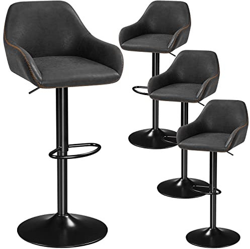 Yaheetech Lot de 4 Tabourets de Bar en Similicuir PU Hauteur Ajustable 87,5 cm -107,5 cm Chaises de Bar Pivotantes avec Dossier Confortable Tabouret Haut de Cuisine avec Grande Base Noir