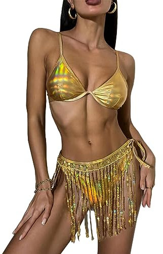 Rave Outfits Pailletten Fransen Rock Rave Outfits Quaste Mirrorball Outfit Glitzernde Kleider für Frauen Für Konzert Bauchtänzerin Disco Ball - Gold