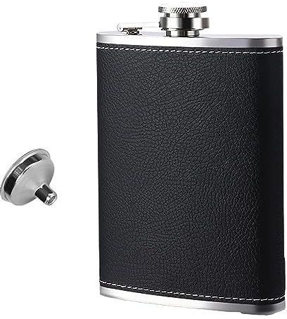 8 Oz Petaca de Acero Inoxidable Petacas Portátil de Cuero Negro Frasco de Alcohol Whisky con Embudo para Senderismo Viajes Camping Barbacoa Bar