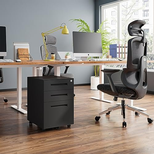 Dripex 3-Drawer Mobile File Cabinet, Rolling Metal Filing Cabinet with Hanging Frame for Legal/Letter/A4, Lockable, Black, 45D x 39W x 60H cm