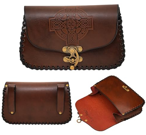 Lord of Battles Mittelalterliche Fantasy Gürteltasche aus echtem Leder mit geprägtem keltischem Kreuz, Braun, 5.2 x 8, Mittelalter