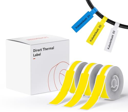 NIIMBOT Thermo Kabeletiketten, 12.5 x 109mm Etikettendrucker Thermo Papier Kompatibel mit dem D110 D11 D101 H1S Etikettendrucker, 65 Etiketten/Rolle (3-Rollen-Pack) (Gelb)