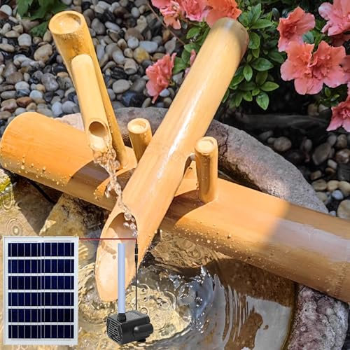MOFGOE Kit de Fontaine en Bambou, fontaines autoportantes avec Pompe Solaire, fontaines en Bois pour Patio extérieur, Paysage Aquatique, décoration de Jardin Zen, pour père