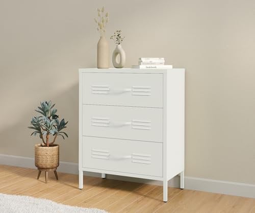 STEELSØN Metallschrank Atria, Kommode mit 3 Schubladen, Sideboard Wohnzimmer weiß, Mehrzweckschrank, Schubladenschrank schmal Maße 80x60x38 (HxBxT)