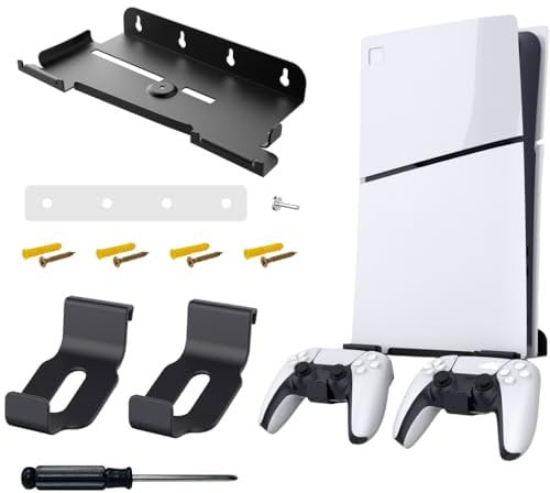 BeisDirect PS5 Slim Wall Mount Bracket for PlayStation 5 Slim Console Disc/Digital Edition, Wall Bracket for PS5 Slim with Detachable Gamepad Seat Storage Controller Holder, Black