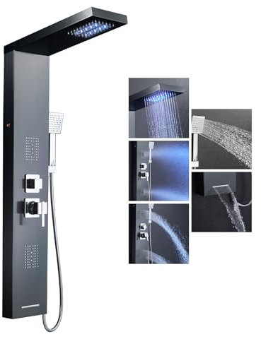 Duschpaneel Schwarz, KEOKBON LED Duschpaneel Edelstahl mit Armatur 5 Wasserausgabemodi, Regendusche Rückenmassage(Massagedusche und Nebeldusche) Wanneneinlauf Handbrause, Duschpaneele Duschsystem