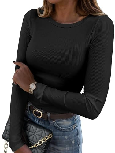 Zeagoo Maglie a Maniche Lunghe da Donna Maglietta Girocollo Aderente Basic Top Costine Slim Fit Elegante T-Shirt Elasticizzato Tinta Unita Autunno Inverno Nero M