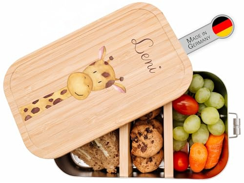 wunderwunsch Brotdose personalisiert mit Namen, Edelstahl Lunchbox | Kindergarten Brotzeitbox für Kinder mit Fächern, Metallbrotdose BPA frei, gravierte Kinder Holz Lunch-Box, Mädchen oder Junge