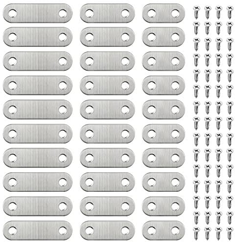 GOTRUST 30pcs Flat Fixing Brackets, 2 Holes Stainless Steel Straight Brace Bracket, Flat Connecting Plates, Metal Mending Joining Plate with 60 Screws for Wood, Repair Fixing Furniture