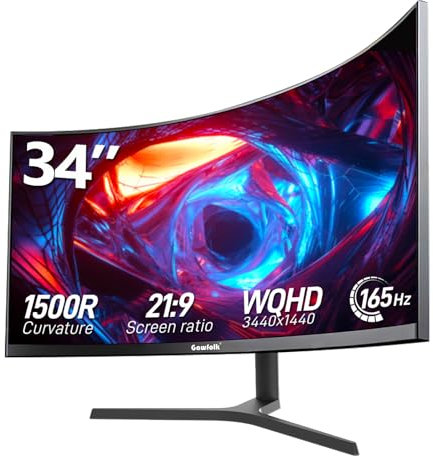 34 Inch Curved Gaming Monitor, Ultrawide 1500R PC Screen, 165Hz / 144Hz Computer Monitor Height Adjustable with FreeSync, Support HDMI, DP, Wallmount 75x75mm(Doesn't built-in speakers)