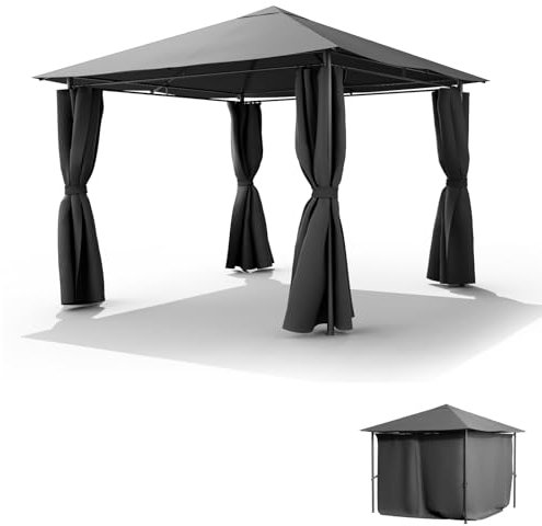 The Fellie 3Mx3M Gazebos with Side Curtains, Large Outdoor Garden Gazebos with Double Tiered Roof, Heavy Duty Metal Gazebos for Garden, Patio, Party, Camping, Waterproof, 300x300x260 cm, Dark Grey