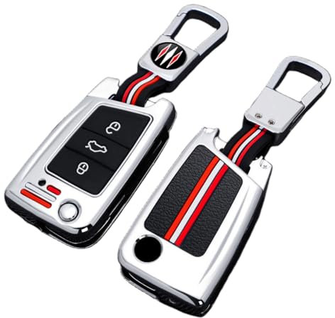 Happyit Coque de Protection pour clé de Voiture Compatible avec VW Volkswagen Golf 7 MK7 Tiguan MK2 for Seat Ateca Leon FR 2 Ibiza Skoda Octavia 3 Boutons (Argent+Boucle carrée)