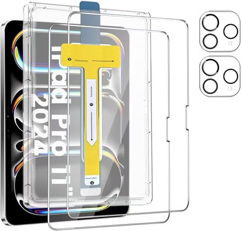 Caisemo 4 in 1 for iPad Pro 11 inch 2024 Screen Protector, 2 Pack HD Tempered Glass Film with Auto Dust-Elimination Installation+2 Pack Lens Protector