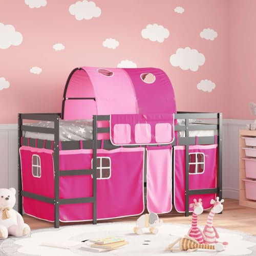 Kelaflaf Kinder Hochbett Halbbett mit Rose Vorhänge und Tunnel Schlafzimmermöbel für Spaß und Raumoptimierung, Schwarz 205.5x95.5x113.5cm