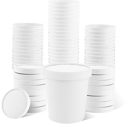 Oungy 50 bicchieri di carta bianca con coperchio, 450 ml, in cartone da 16 oz, usa e getta con coperchio, per insalata, gelato, zuppa, caffè