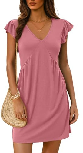 Dokotoo Women's Summer Dresses 2025 Beach Ladies Sundress Fashion Gold Empire Line Hihg Waist Ruffle Short Sleeve Deep V-Neck Solid Color Sundresses Spring Casual Womens Mini Dress Pink L