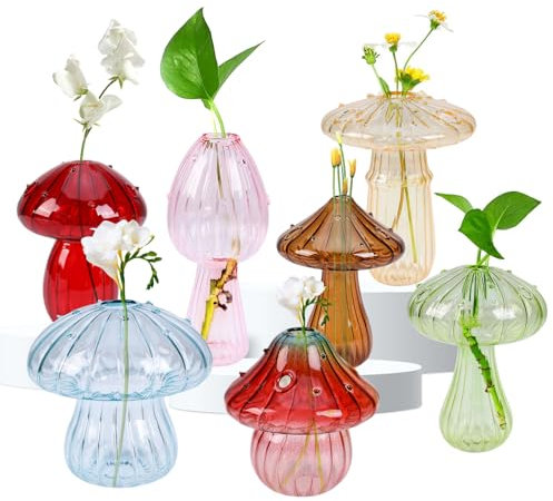 OT-NVWOZR 7 Stück Pilzförmige Glasvase, Mini Pilz Vasen Deko für Tischdeko, Kleine Vase Blumenvase Hydrokultur Pflanzenvasen Bunt Propagation Station für Tischplatten Dekoration Geschenke