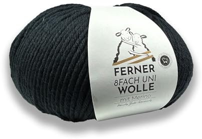 Ferner 8-fach Wolle uni schwarz mit mulesingfreier Merinowolle, Sockenwolle, dickes Sockengarn einfarbig, Strumpfwolle 8-fädig, 100g (12 schwarz)