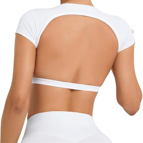 SEAUR Gym Top Damen Rückenfrei Gepolstert Crop Oberteil Eng Sport Laufshirt Yoga Fitness Kurzarm T-Shirt Bauchfrei Sportshirt Rundhals Weich - M