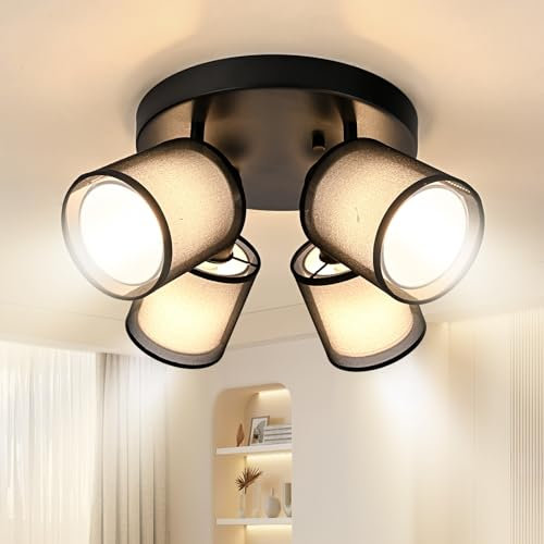Doughelec Deckenlampe Deckenstrahler 4 Flammig Wohnzimmer - Schwarz Deckenleuchte Deckenspot Rund Vintage E14 Schwenkbar Lampe Decke Wandstrahler MAX 30W Spot Stoff für Küche Flur, Ohne Leuchtmittel