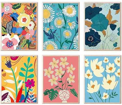 LOITTAINUE 6 Stück Malen Nach Zahlen Erwachsene Blume, Malen Nach Zahlen Leinwand Set mit 6 Pinsels und Acrylfarbe für Kinder und Anfänger, DIY Handgemalt Ölgemälde Kit 20 x 30 cm