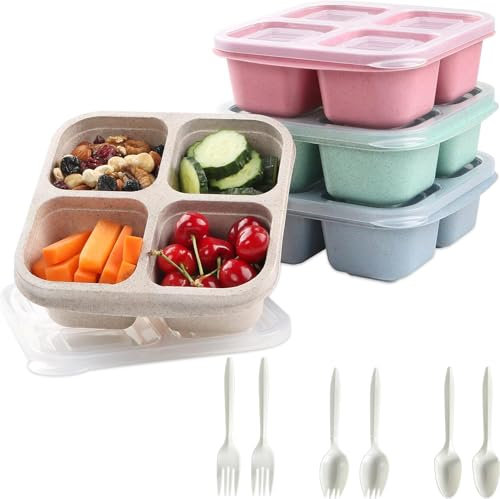Snackbox mit Fächern, 4 Stück Snackboxen mit 4 Fächern, Snack-Behälter mit transparentem Deckel und 2 Löffel & 4 Gabeln, Wiederverwendbare Snack-Behälter für Schule, Arbeit und Reisen – 4 Farben