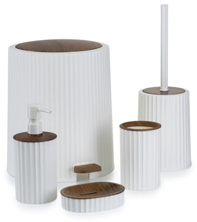 HowHomely Badezimmer Set Roza Beige gestreift | Seifenspender Zahnputzbecher Seifenablage Klobürste Mülleimer | Badezimmer Zubehör Set Ideal für Badezimmerausstattung (Weiß)