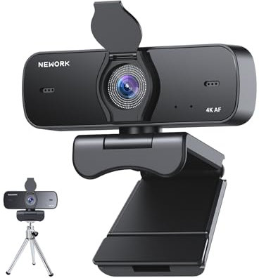 NEWORK Webcam 4K para PC, 4K UHD 1/2.55 Sensor Sony, Auto Focus, Cobertura Privacidad y Trípode, Doble Micrófono con Cancelación de Ruido, Plug&Play, 77° FOV, Webcam para Streaming, Videollamadas